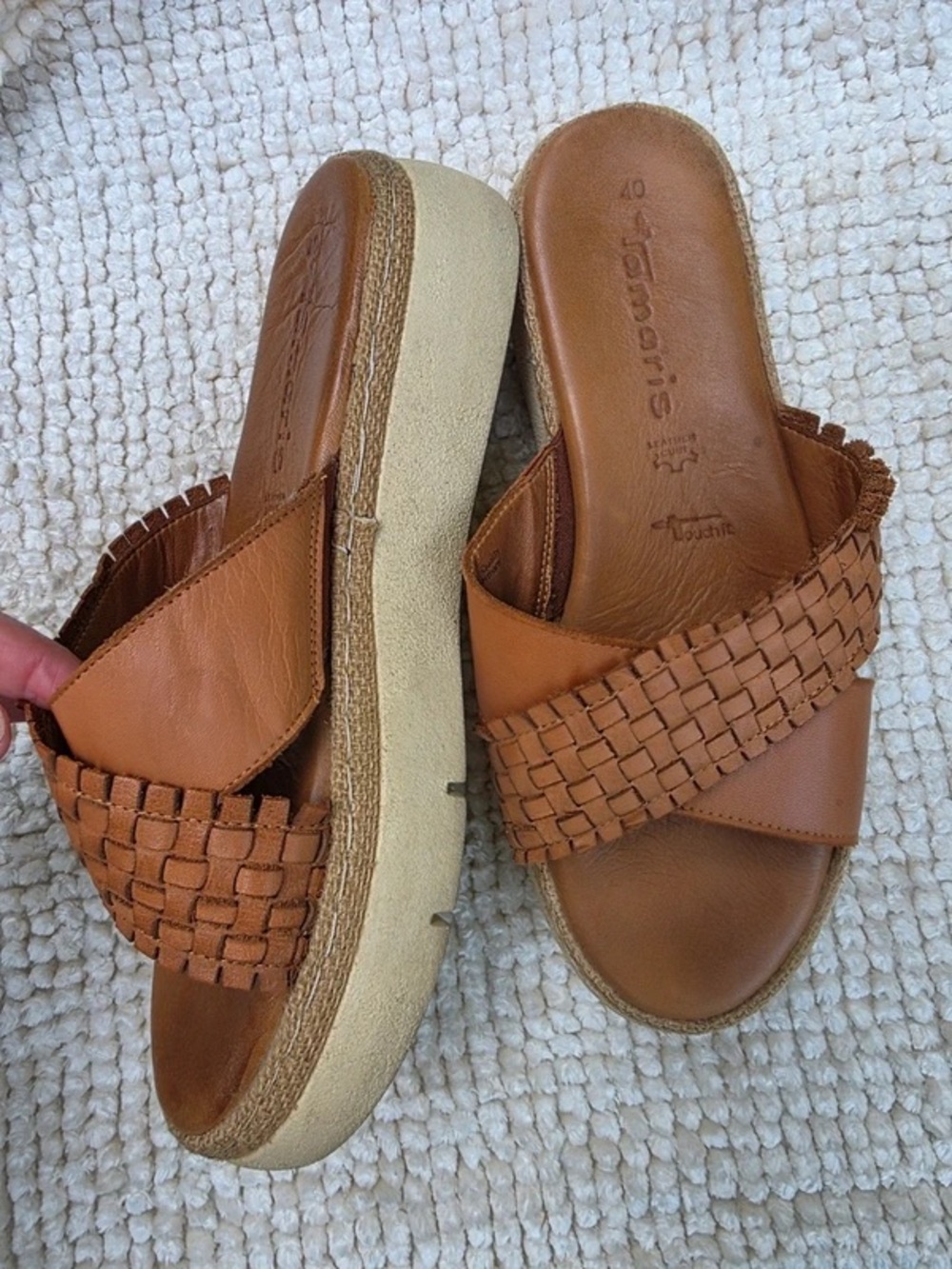 Woven Tan Slide Sandals by Clarks - Leather Cross-Strap Comfort